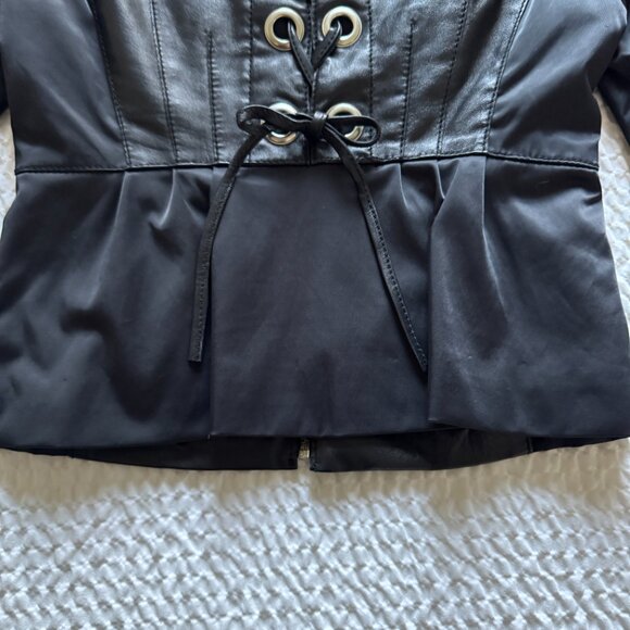 Vintage BEBE Black Leather Moto Jacket with Laceup Back and Peplum Skirt, Small - Picture 7 of 14